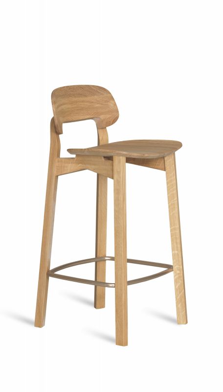 Nonoto Barhocker aus Nussbaumholz, Sitzhöhe 65 cm, mit Rückenlehne und Fußstütze.